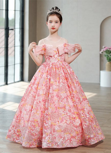 Little Girls Pink Sequin Off Shoulder Party Formal Dress