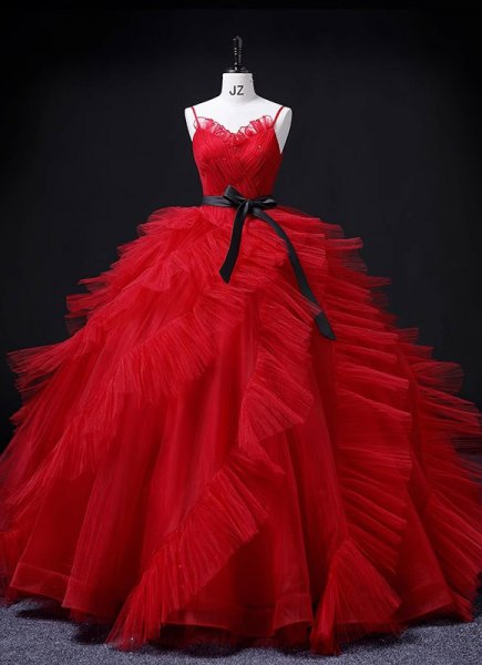 Red Spaghetti Straps Tulle Sweetheart Long Prom Dress with Ruffles