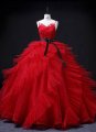 Red Spaghetti Straps Tulle Sweetheart Long Prom Dress with Ruffles