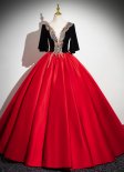 Deep V-Neck Black And Red Patchwork Satin Long Formal Dresses