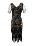 Women's 1920s Art Deco Fringed Sequin Dress Gatsby Costume Dress with Sleeve