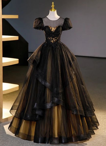 Black And Yellow Short Sleeve Sexy Vintage Sequin Formal Dresses