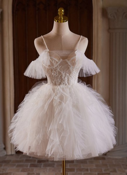 A-line Spaghetti Straps Appliques Lace Short/Mini Tulle Corset Dress