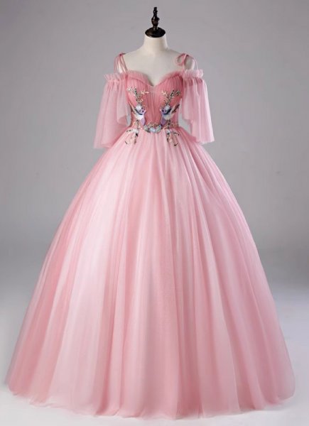 Princess Pink Spaghetti Straps Embroidery Tulle Party Dress