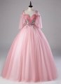 Princess Pink Spaghetti Straps Embroidery Tulle Party Dress