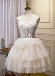Sweetheart Bow Tie Straps Tiered Tulle Polka Dots Prom Dress with Appliques