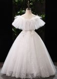 Children Off Shoulder Neck Feather Embroidery Tulle Wedding Engagement White Dresses