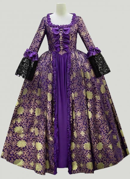 Purple Floral Brocade Marie Antoinette Dress Long Lace Sleeves Floor Length Historical Baroque Rococo Queen Gown Themed Period Clothing