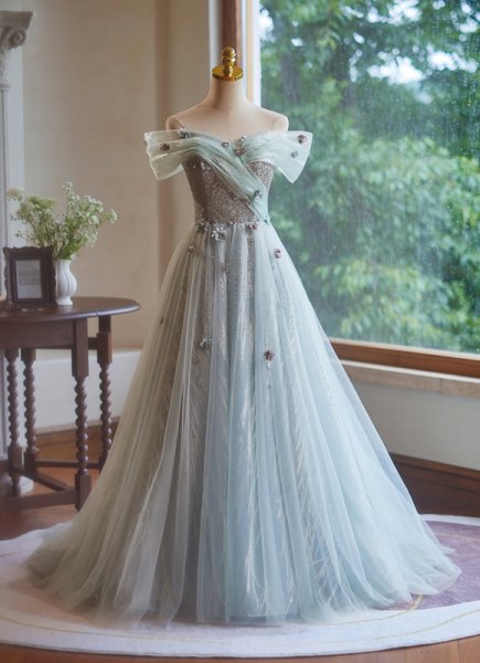 Light Blue Off The Shoulder Applique Tulle Sweep Train Evening Dress