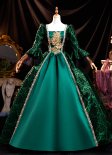 Medieval Retro Green Brocade Masked Ball Gown Prom Dress Appliques Lace 3/4 Sleeves Square Neckline Floor Length Long Formal Dress