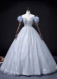 Feather Sleeve Deep V-Neck Long Prom Dress with Sequins Beading