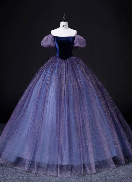 Gorgeous Deep Purple Shiny Tulle Velvet Prom Dress