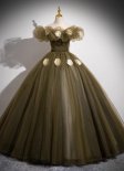 Deep Green Gorgeous Off Shoulder White Rose Applique Tulle Formal Dress
