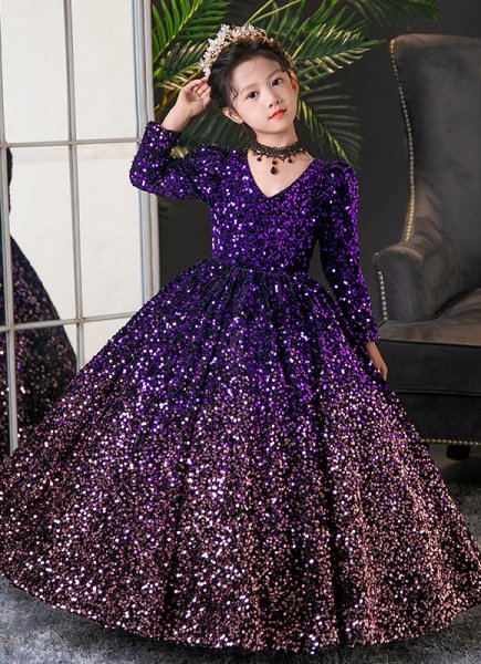Girls Gradient Sequin V-neck Long Sleeved Performance Party Dress