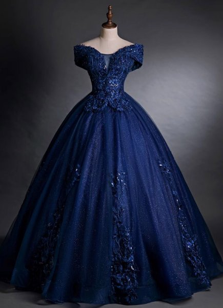 Dark Blue Embroidery Sequins Off Shoulder Tulle Long Formal Dress