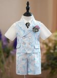 Kids Boys Formal Jacquard 5 Piece Suit Wedding Summer Party Waistcoat Set with Short