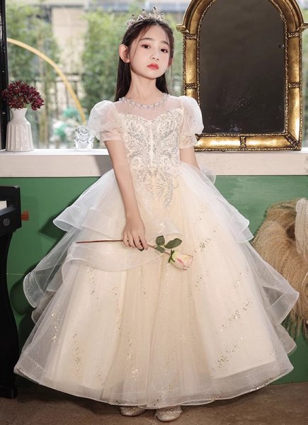 Girls White Mesh Sequin Wedding Engagement Formal Dress For Children