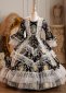 Girls Black Floral Jacquard Victorian Halloween Ball Dress Children Festival Dress