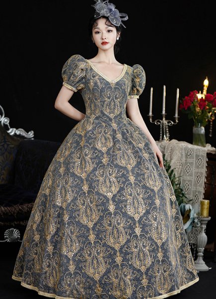 Medieval Vintage Gray V-Neck Short Puff Sleeves Masquerade Party Dress