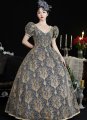 Medieval Vintage Gray V-Neck Short Puff Sleeves Masquerade Party Dress