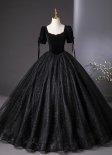 Black Velvet and Tulle Square Neck Evening Dress
