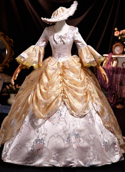 Culturedly Retro Gold Floral Jacquard Prom Ball Gown Bow Lace Printing O-Neck Three Quarter Sleeve Train Long Formal Dress with Hat