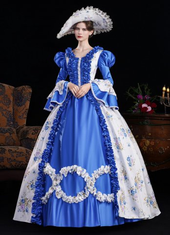 Women Blue Pink Yellow Printed Long Flare Sleeve Floor Length Venice Fancy Party Dress