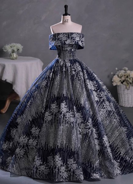 Deep Blue Shiny Off Shoulder Evening Dress