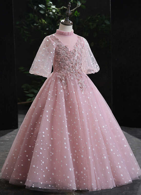 Little Girls Mock Neck Polka Dots Tulle Wedding Engagement Dresses