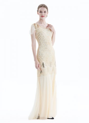 Champagne 1920s Sequined Maxi Flapper Dress Party Formal Dresses