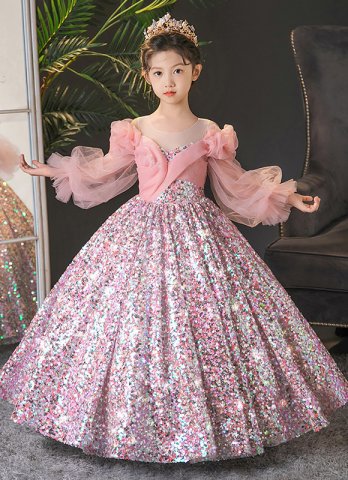 Girls Sequin Pink Mesh Long Sleeve Valentine's Day Dresses