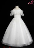 Girls White Off Shoulder Spaghetti Strap Tulle Wedding Engagement Formal Dresses