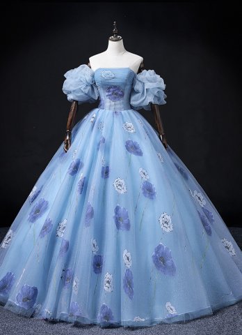 スカイブルーフローラルプリントウエディングドレスイブニングボールガウンレースオフショルダーパフ半袖背中の開いた床の長さ長いフォーマルドレス