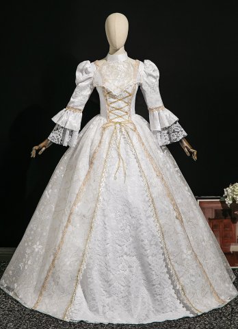 Elegant Vintage Medieval White Victorian Masked Prom Ball Gown Lace Flower Long Sleeves Formal Dress