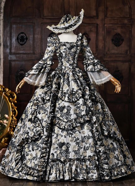 Vintage Baroque Black Floral Jacquard Brocade Victorian Rococo Dress Square Collar Long Sleeve Floor Length Formal Party Dress with Hat