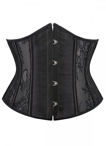 Black Satin Underbust Corset with Mesh Panels and Lace Overlay