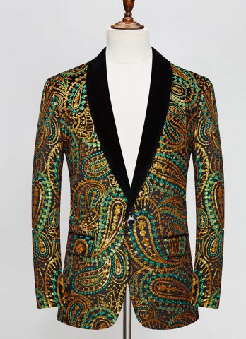 Men Gold-Green Cashew Flower Shiny Sequin Floral Shawl Lapel Suit Jacket Weddings Prom Banquets Formal Blazer