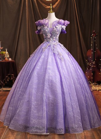 パープル刺繍イブニングウエディングドレス2022ボールガウンセクシーショースリーブストラップレスフロアレングスロングフォーマルドレス