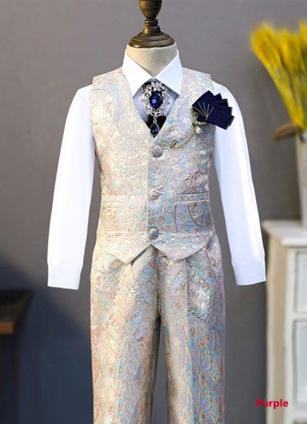 Boys Brocade Jacquard Suits Long Sleeve Shirt Vest Pants Outfit Kids Gentlemen 4Pcs Formal Tuxedo