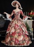 Vintage Women Red Floral Printed Rococo Renaissance Masquerade Ball Dress Theater Clothing