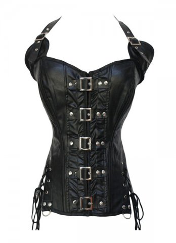 Black Gothic Leather Overbust Corset with Halter Strap