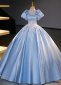 Vintage Sky Blue Satin Puff Ball Sleeves Masquerade Formal Dresses