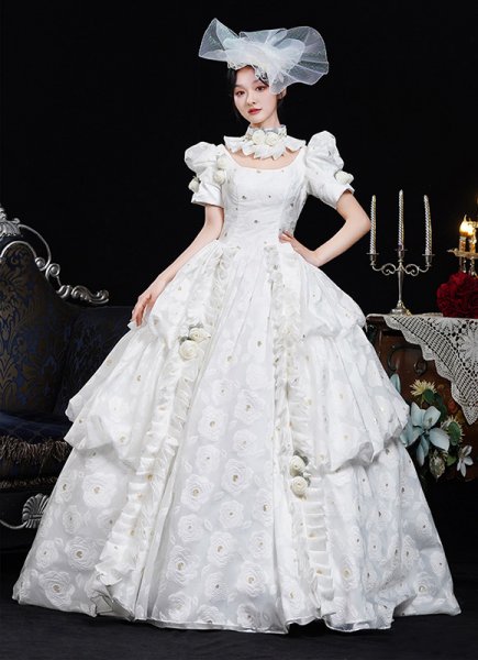Renaissance 18th Century Southern Belle Floral Princess White Dresses
