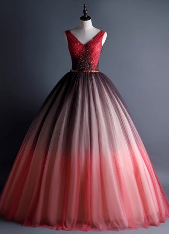 V-Neck Sequin Sleeveless Gradient Color Formal Dress