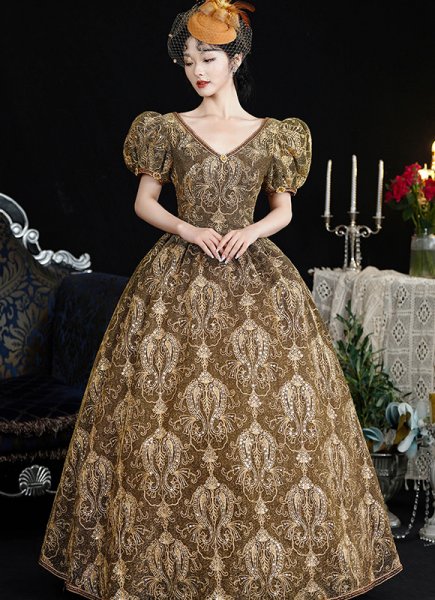 Medieval Vintage Gold V-Neck Short Puff Sleeves Masquerade Ball Gown Theater Dress
