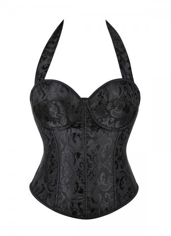 Vintage Jacquard Brocade Halterneck Overbust Corset Top With Cups