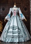 Blue Floral Brocade Bow Lace Victorian Tea Party Dress Long Sleeve Floor Length Masquerade Costume