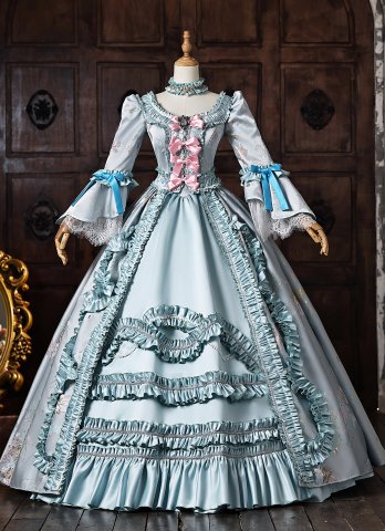 Blue Floral Brocade Bow Lace Victorian Tea Party Dress Long Sleeve Floor Length Masquerade Costume