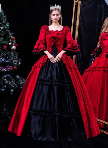 赤い綿の結婚式| 誕生日| クリスマスパーティードレスビクトリア朝のボールガウンシアターコスチューム