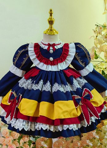Upscale Winter Girl Lolita Princess Dress Children Deep Blue Performance Outfit